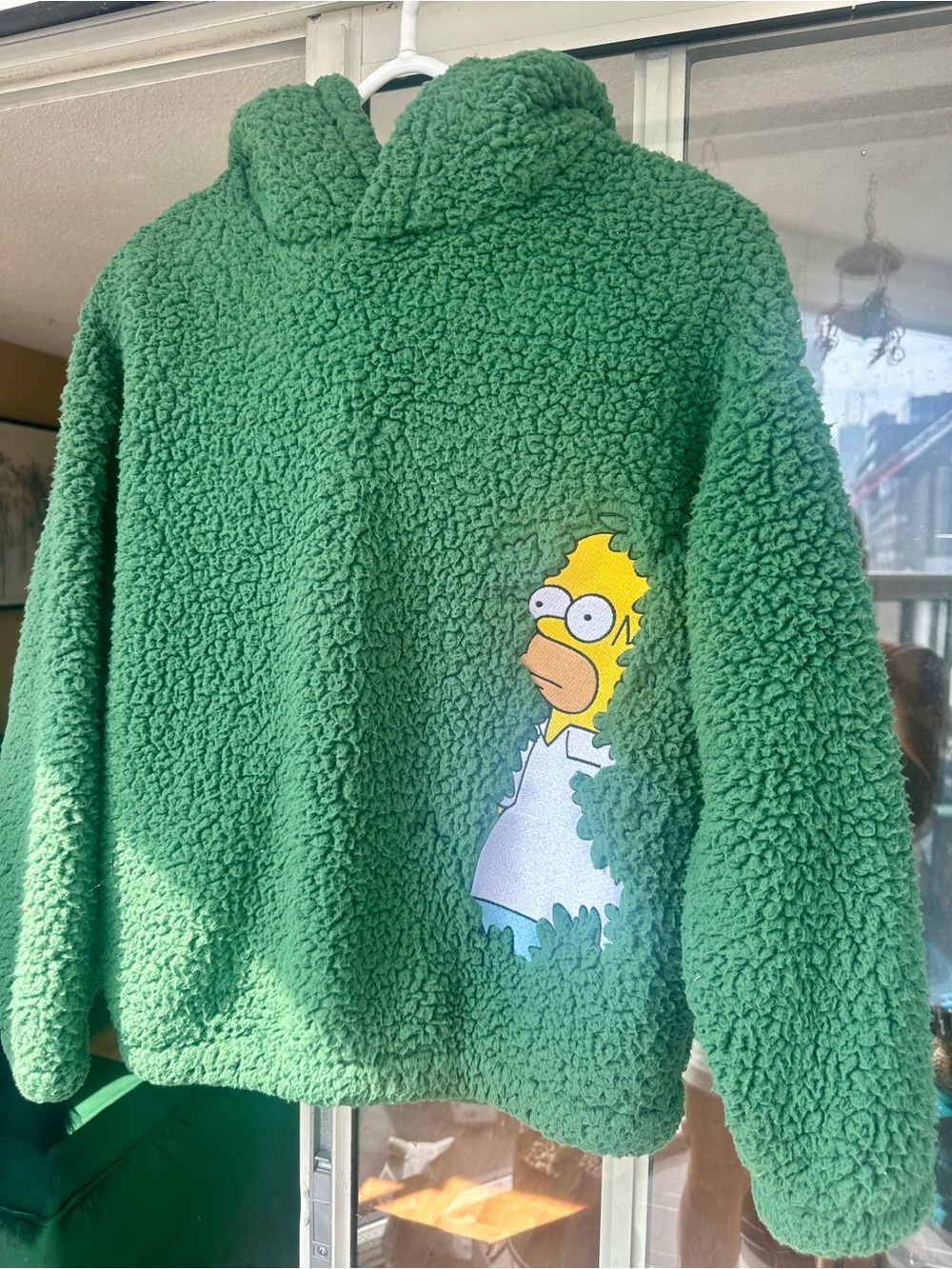 H&M Simpsons Unisex Youth Green Sherpa Hoodie with Homer in the bushes print